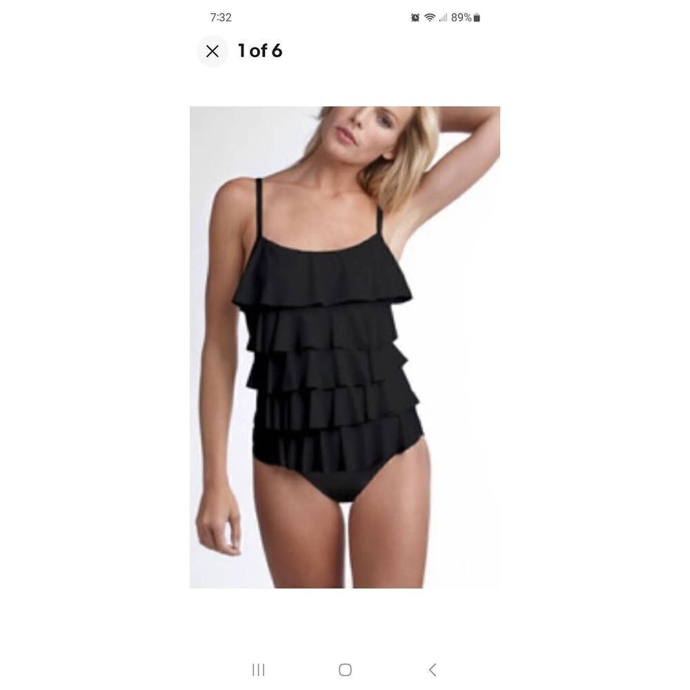 Medium Aqua Green Black One Piece Ruffled Bathing Suit Swimwear Swimsuit